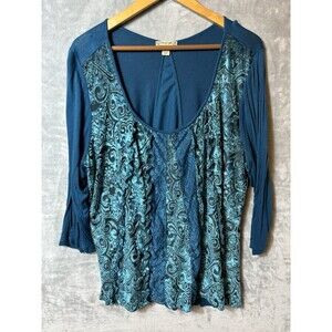 Energe Woman’s Shirt Size 3x Blue Pattern 3/4 Sleeve Plus Shine Polyester